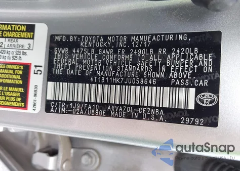 2018 Toyota Camry Le z USA, uszkodzony, nr VIN 4T1B11HK7JU058646